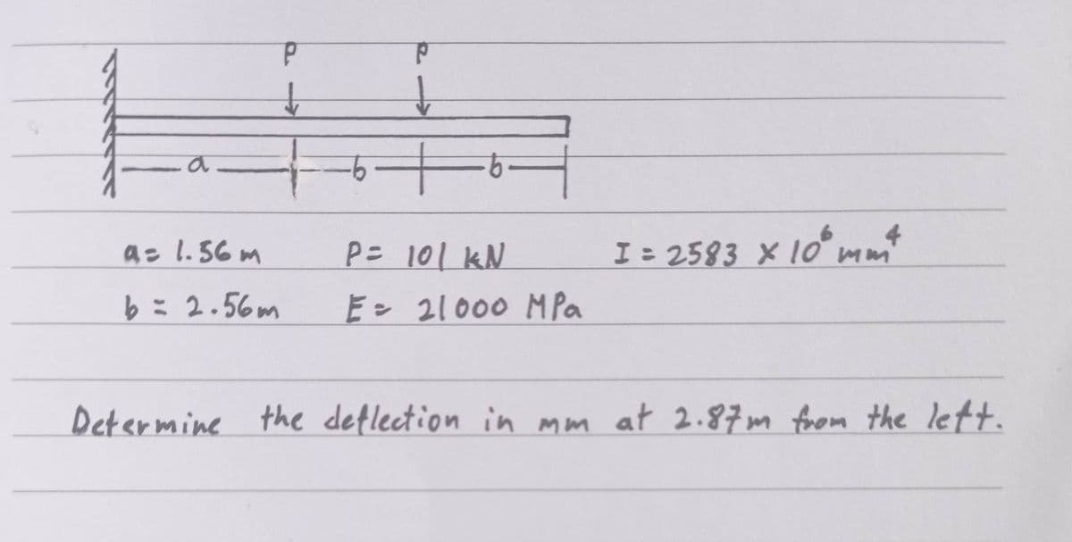a= 1.56 m
b = 2.56m
P
-6-
P
P = 101 KN
E = 21000 MPa
I= 2583 x 10 mmit
Determine the deflection in mm at 2.87m from the left.
