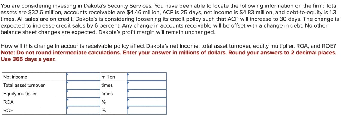 You are considering investing in Dakota's Security Services. You have been able to locate the following information on the firm: Total
assets are $32.6 million, accounts receivable are $4.46 million, ACP is 25 days, net income is $4.83 million, and debt-to-equity is 1.3
times. All sales are on credit. Dakota's is considering loosening its credit policy such that ACP will increase to 30 days. The change is
expected to increase credit sales by 6 percent. Any change in accounts receivable will be offset with a change in debt. No other
balance sheet changes are expected. Dakota's profit margin will remain unchanged.
How will this change in accounts receivable policy affect Dakota's net income, total asset turnover, equity multiplier, ROA, and ROE?
Note: Do not round intermediate calculations. Enter your answer in millions of dollars. Round your answers to 2 decimal places.
Use 365 days a year.
Net income
Total asset turnover
Equity multiplier
ROA
ROE
million
times
times
%
%
