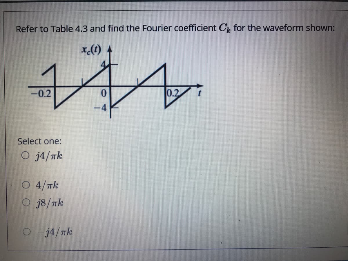 Refer to Table 4.3 and find the Fourier coefficient Cr for the waveform shown:
x.(t)
-0.2
0.2
-4
Select one:
O j4/nk
O 4/Tk
O j8/rk
j8/nk
O -j4/Tk
