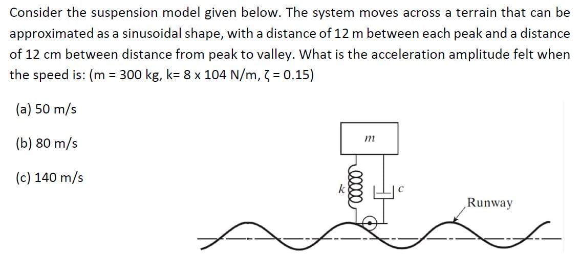 Consider the suspension model given below. The system moves across a terrain that can be
approximated as a sinusoidal shape, with a distance of 12 m between each peak and a distance
of 12 cm between distance from peak to valley. What is the acceleration amplitude felt when
the speed is: (m = 300 kg, k= 8 x 104 N/m, 3 = 0.15)
(a) 50 m/s
(b) 80 m/s
(c) 140 m/s
eeeee
m
Runway