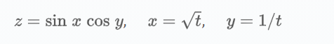 z = sin x cos y,
x = vt, y = 1/t
