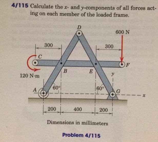 4/115 Calculate the x- and y-components of all forces act-
ing on each member of the loaded frame.
D
600 N
300
300
F
E
120 N-m
600
60°
A
200
200!
400
Dimensions in millimeters
Problem 4/115
