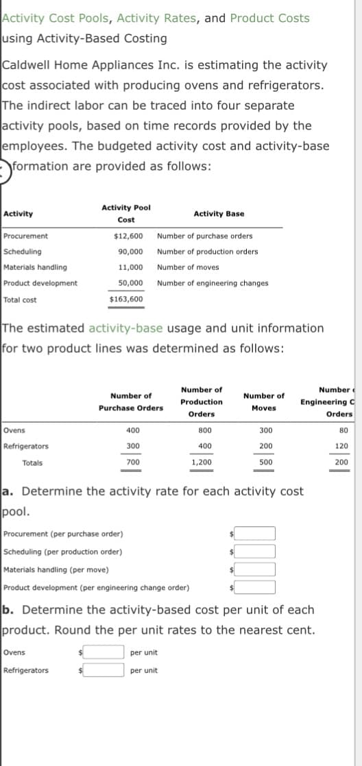 Activity Cost Pools, Activity Rates, and Product Costs
using Activity-Based Costing
Caldwell Home Appliances Inc. is estimating the activity
cost associated with producing ovens and refrigerators.
The indirect labor can be traced into four separate
activity pools, based on time records provided by the
employees. The budgeted activity cost and activity-base
formation are provided as follows:
Activity
Procurement
Scheduling
Materials handling
Product development
Total cost
Ovens
Refrigerators
Totals
Activity Pool
Cost
$12,600
90,000
11,000
50,000
$163,600
The estimated activity-base usage and unit information
for two product lines was determined as follows:
Ovens
Refrigerators
Number of purchase orders
Number of production orders
Number of moves
Number of engineering changes
Number of
Purchase Orders
400
300
700
Procurement (per purchase order)
Scheduling (per production order)
Materials handling (per move)
Product development (per engineering change order)
Activity Base
Number of
Production
Orders
per unit
a. Determine the activity rate for each activity cost
pool.
per unit
800
400
1,200
$
$
Number of
Moves
$
b. Determine the activity-based cost per unit of each
product. Round the per unit rates to the nearest cent.
300
200
500
Number (
Engineering C
Orders
80
120
200