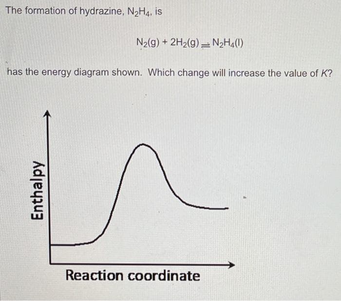 The formation of hydrazine, N2H4, is
N2(g) + 2H2(g)- N2H4(1)
has the energy diagram shown. Which change will increase the value of K?
Reaction coordinate
Enthalpy
