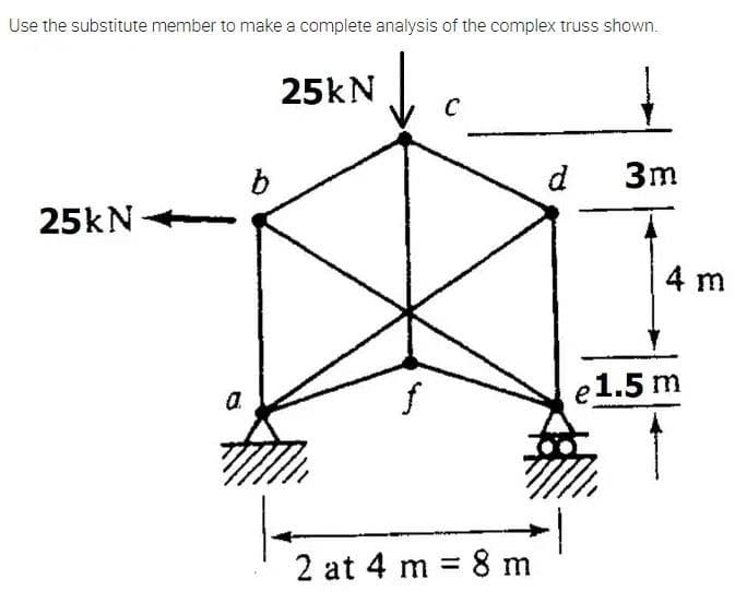 Use the substitute member to make a complete analysis of the complex truss shown.
25kN
d
3m
25kN
4 m
e1.5 m
a.
2 at 4 m = 8 m
%3!
