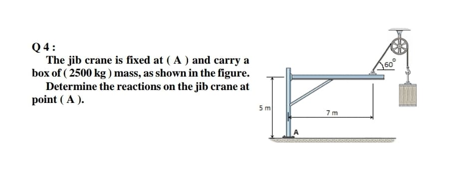 Q 4:
The jib crane is fixed at ( A ) and carry a
box of ( 2500 kg ) mass, as shown in the figure.
Determine the reactions on the jib crane at
point ( A ).
60
5 m
7 m
