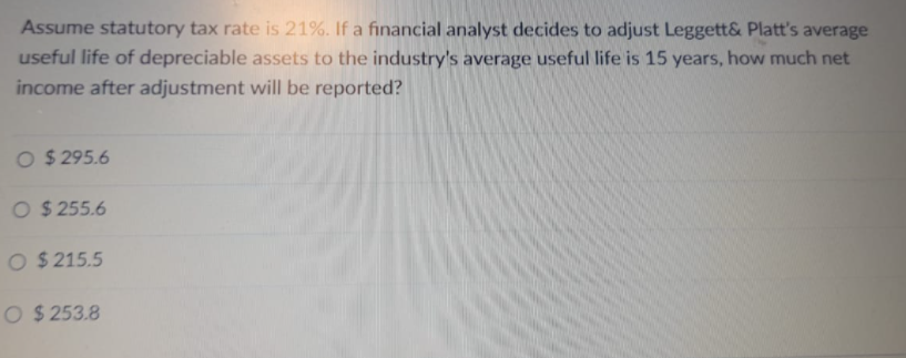 Assume statutory tax rate is 21%. If a financial analyst decides to adjust Leggett& Platt's average
useful life of depreciable assets to the industry's average useful life is 15 years, how much net
income after adjustment will be reported?
O $ 295.6
O $ 255.6
O $215.5
O $ 253.8
