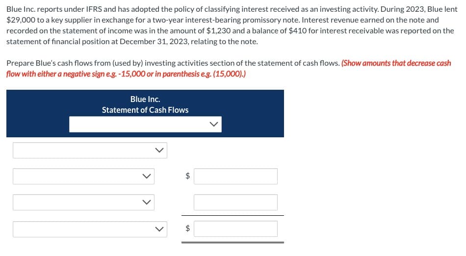 Blue Inc. reports under IFRS and has adopted the policy of classifying interest received as an investing activity. During 2023, Blue lent
$29,000 to a key supplier in exchange for a two-year interest-bearing promissory note. Interest revenue earned on the note and
recorded on the statement of income was in the amount of $1,230 and a balance of $410 for interest receivable was reported on the
statement of financial position at December 31, 2023, relating to the note.
Prepare Blue's cash flows from (used by) investing activities section of the statement of cash flows. (Show amounts that decrease cash
flow with either a negative sign e.g. -15,000 or in parenthesis e.g. (15,000).)
Blue Inc.
Statement of Cash Flows
>
tA
tA