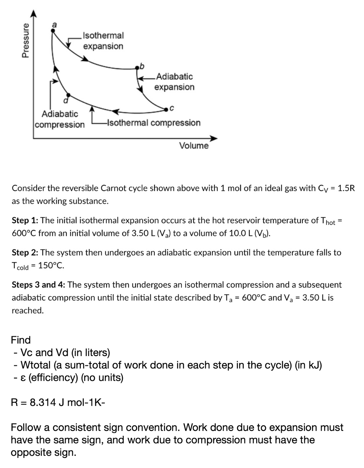 Pressure
a
Isothermal
expansion
Adiabatic
compression
Adiabatic
expansion
с
-Isothermal compression
Volume
Consider the reversible Carnot cycle shown above with 1 mol of an ideal gas with Cv = 1.5R
as the working substance.
=
Step 1: The initial isothermal expansion occurs at the hot reservoir temperature of Thot ²
600°C from an initial volume of 3.50 L (V₂) to a volume of 10.0 L (V₂).
Step 2: The system then undergoes an adiabatic expansion until the temperature falls to
Tcold = 150°C.
Steps 3 and 4: The system then undergoes an isothermal compression and a subsequent
adiabatic compression until the initial state described by T₂ = 600°C and V₂ = 3.50 L is
reached.
a
R = 8.314 J mol-1K-
Find
- Vc and Vd (in liters)
- Wtotal (a sum-total of work done in each step in the cycle) (in kJ)
& (efficiency) (no units)
Follow a consistent sign convention. Work done due to expansion must
have the same sign, and work due to compression must have the
opposite sign.