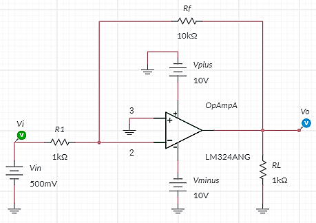 Rf
10k2
Vplus
10V
OpAmpA
Vo
Vi
R1
(v
1k2
LM324ANG
Vin
RL
Vminus
1k2
500mV
10V
3.
2.
