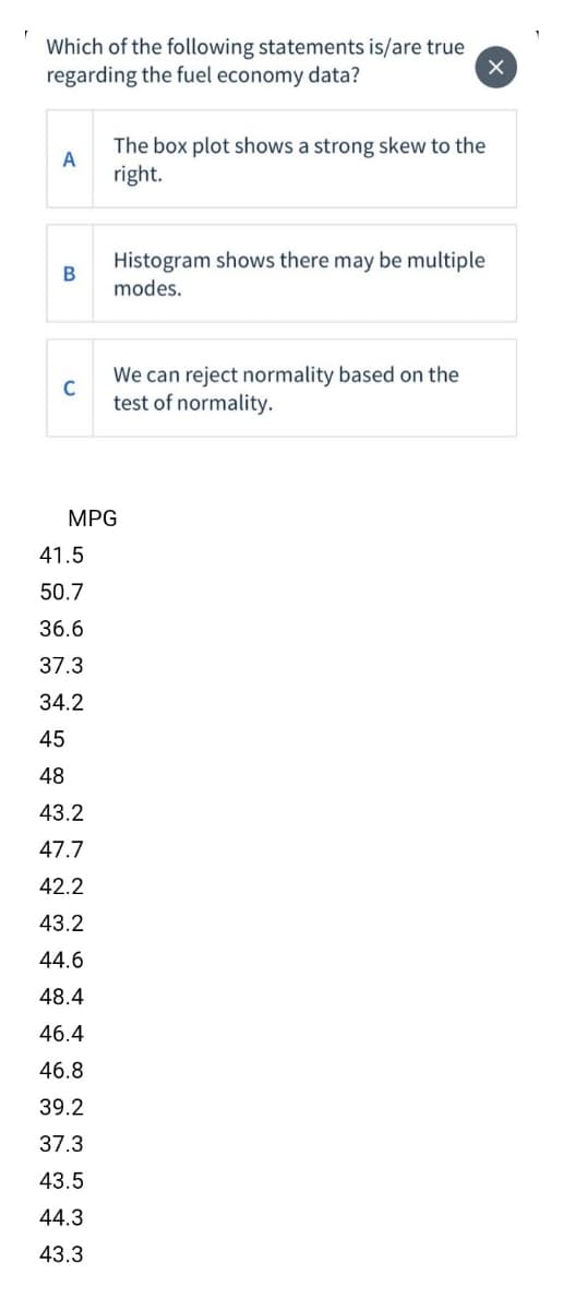 Which of the following statements is/are true
regarding the fuel economy data?
The box plot shows a strong skew to the
A
right.
Histogram shows there may be multiple
modes.
We can reject normality based on the
C
test of normality.
MPG
41.5
50.7
36.6
37.3
34.2
45
48
43.2
47.7
42.2
43.2
44.6
48.4
46.4
46.8
39.2
37.3
43.5
44.3
43.3
