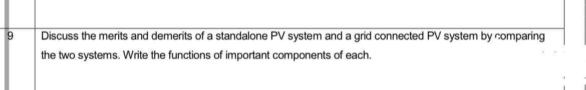 9.
Discuss the merits and demerits of a standalone PV system and a grid connected PV system by comparing
the two systems. Write the functions of important components of each.
