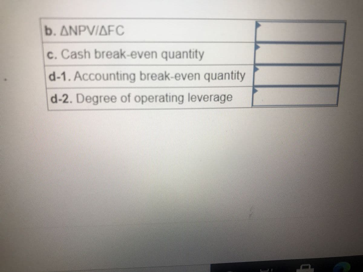 b. ΔΝPVΙΔFC
c. Cash break-even quantity
d-1. Accounting break-even quantity
d-2. Degree of operating leverage
L
