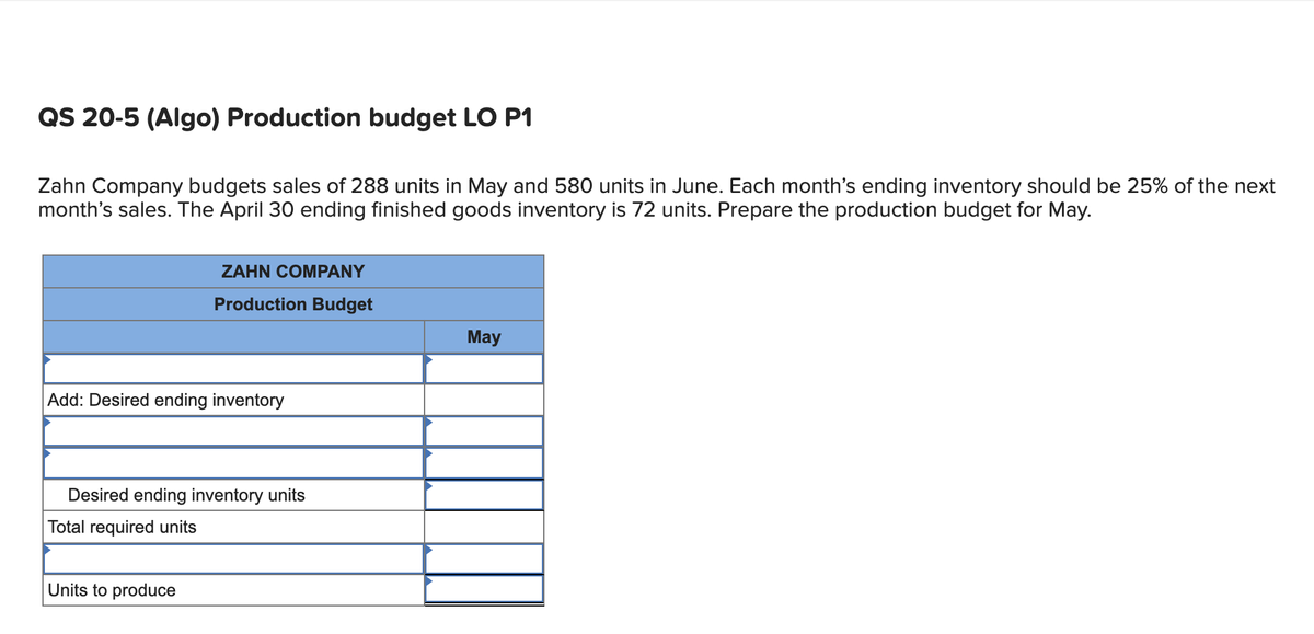 QS 20-5 (Algo) Production budget LO P1
Zahn Company budgets sales of 288 units in May and 580 units in June. Each month's ending inventory should be 25% of the next
month's sales. The April 30 ending finished goods inventory is 72 units. Prepare the production budget for May.
ZAHN COMPANY
Production Budget
Add: Desired ending inventory
Desired ending inventory units
Total required units
Units to produce
May