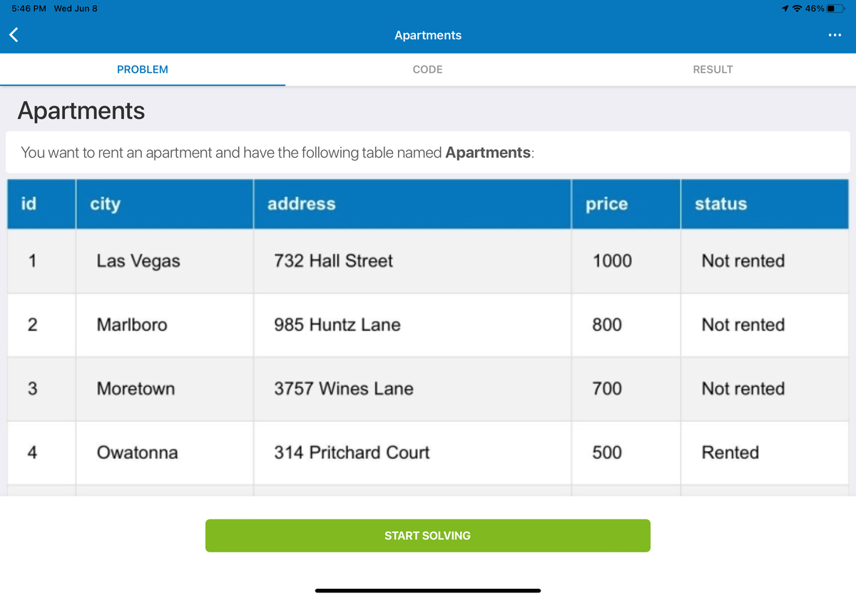 5:46 PM Wed Jun 8
Apartments
CODE
Apartments
You want to rent an apartment and have the following table named Apartments:
id
city
address
1
Las Vegas
732 Hall Street
2
Marlboro
985 Huntz Lane
3
Moretown
3757 Wines Lane
4
Owatonna
314 Pritchard Court
PROBLEM
START SOLVING
price
1000
800
700
500
1 46%
RESULT
status
Not rented
Not rented
Not rented
Rented