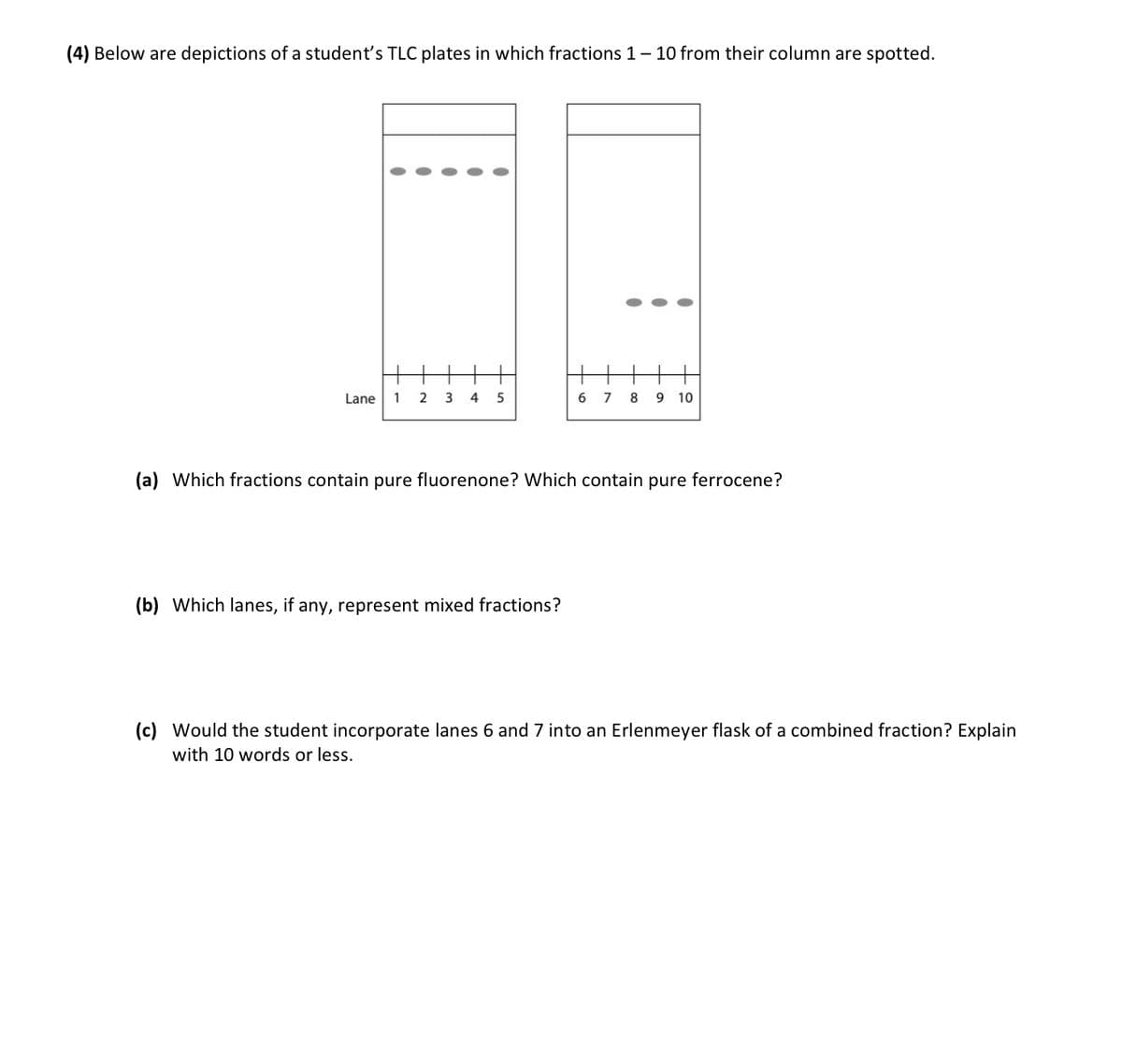 (4) Below are depictions of a student's TLC plates in which fractions 1 - 10 from their column are spotted.
Lane 1 2 3 4 5
67 8 9 10
(a) Which fractions contain pure fluorenone? Which contain pure ferrocene?
(b) Which lanes, if any, represent mixed fractions?
(c) Would the student incorporate lanes 6 and 7 into an Erlenmeyer flask of a combined fraction? Explain
with 10 words or less.