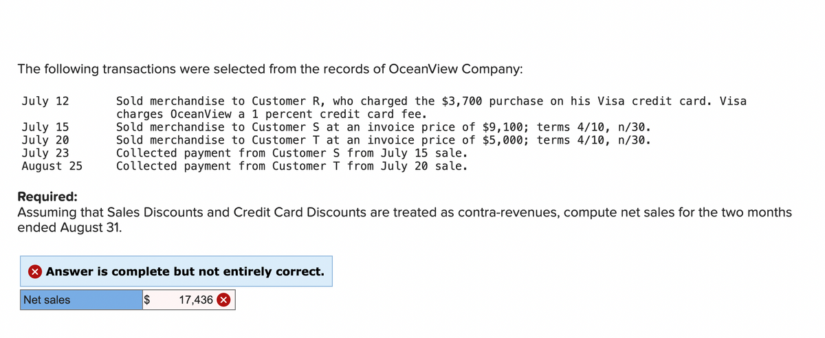 The following transactions were selected from the records of OceanView Company:
July 12
July 15
July 20
July 23
August 25
Sold merchandise to Customer R, who charged the $3,700 purchase on his Visa credit card. Visa
charges OceanView a 1 percent credit card fee.
Sold merchandise to Customer S at an invoice price of $9,100; terms 4/10, n/30.
Sold merchandise to Customer T at an invoice price of $5,000; terms 4/10, n/30.
Collected payment from Customer S from July 15 sale.
Collected payment from Customer T from July 20 sale.
Required:
Assuming that Sales Discounts and Credit Card Discounts are treated as contra-revenues, compute net sales for the two months
ended August 31.
Net sales
X Answer is complete but not entirely correct.
$
17,436