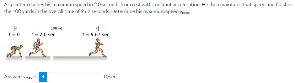 A sprinter reaches his maximum speed in 2.0 seconds from rest with constant acceleration. He then maintains that speed and finishes
the 100 yards in the overall time of 9.67 seconds. Determine his maximum speed Vmax.
t = 0
100 yd-
t = 2.0 sec
Answer: Vmax i
t = 9.67 sec
ft/sec