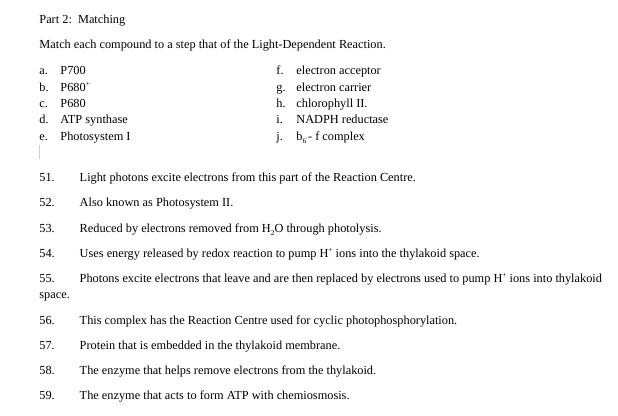 Part 2: Matching
Match each compound to a step that of the Light-Dependent Reaction.
f. electron acceptor
g. electron carrier
h. chlorophyll II.
i. NADPH reductase
j. b,- f complex
a. P700
b. Р680
C.
P680
d. ATP synthase
e. Photosystem I
|
51.
Light photons excite electrons from this part of the Reaction Centre.
52.
Also known as Photosystem II.
53.
Reduced by electrons removed from H,O through photolysis.
54.
Uses energy released by redox reaction to pump H' ions into the thylakoid space.
55.
Photons excite electrons that leave and are then replaced by electrons used to pump H° ions into thylakoid
space.
56.
This complex has the Reaction Centre used for cyclic photophosphorylation.
57.
Protein that is embedded in the thylakoid membrane.
58.
The enzyme that helps remove electrons from the thylakoid.
59.
The enzyme that acts to form ATP with chemiosmosis.
