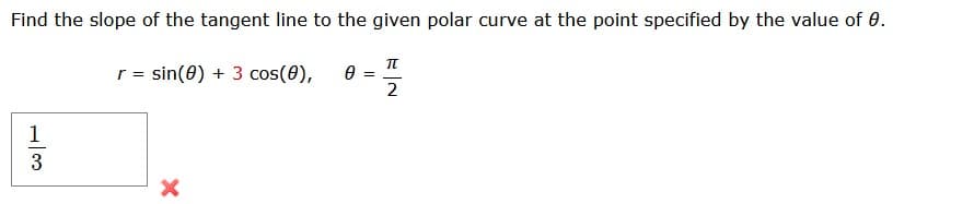 Find the slope of the tangent line to the given polar curve at the point specified by the value of 0.
TU
r = sin(0) + 3 cos(0),
0
2
1
3
X
=