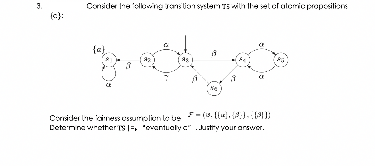 Consider the following transition system TS with the set of atomic propositions
{a}:
{a}
S5
S4
S1
S2
S3
S6
F = (Ø, {{a}, {}},{{S}})
Consider the fairness assumption to be:
Determine whether TS |=r "eventually a" . Justify your answer.
3.
