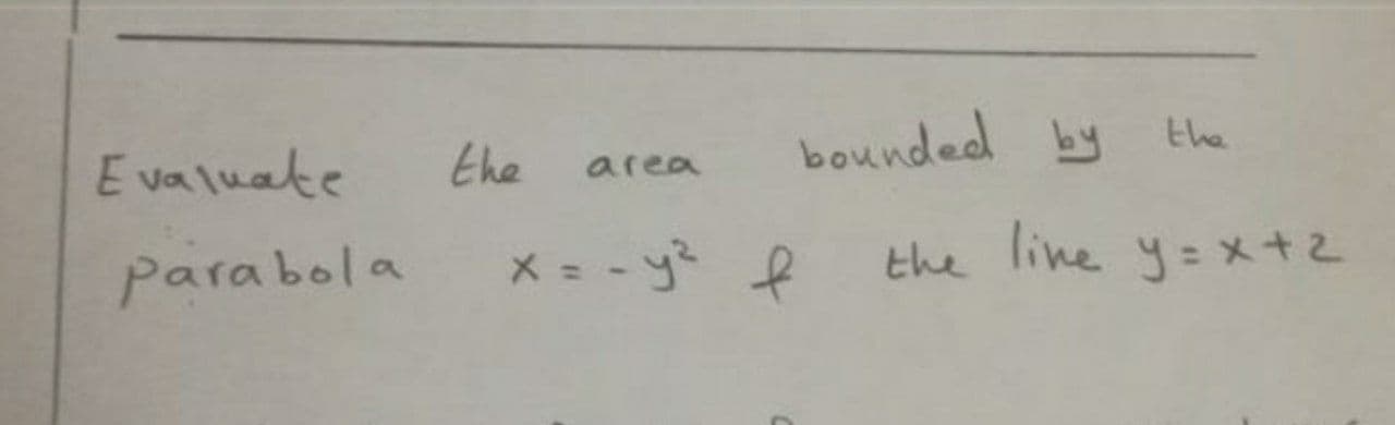 E valuate
the
bounded by the
area
parabola
メ= -y f
the line y=x+2
%3D
