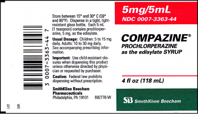 Store between 15° and 30° C (59°
and 86°F). Dispense in a tight, light-
resistant glass bottle. Each 5 mL
(1 teaspoon) contains prochlorper-
azine, 5 mg, as the edisylate.
Usual Dosage: Children: 5 to 15 mg
daily. Adults: 10 to 30 mg daily
See accompanying prescribing infor-
mation.
M Important: Use child-resistant clo-
sures when dispensing this product
unless otherwise directed by physi-
cian or requested by purchaser
Caution: Federal law prohibits
dispensing without prescription.
SmithKline Beecham
Pharmaceuticals
Philadelphia, PA 19101 692778-W
3 0007-3363-44 7
5mg/5mL
NDC 0007-3363-44
COMPAZINE®
PROCHLORPERAZINE
as the edisylate SYRUP
4 fl oz (118 mL)
SB SmithKline Beecham