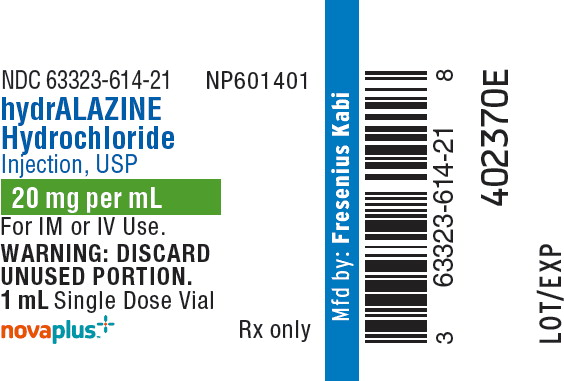 NDC 63323-614-21
hydrALAZINE
Hydrochloride
Injection, USP
20 mg per mL
For IM or IV Use.
WARNING: DISCARD
UNUSED PORTION.
1 mL Single Dose Vial
novaplus+
NP601401
Rx only
Mfd by: Fresenius Kabi
8
63323-614-21
3
402370E
LOT/EXP