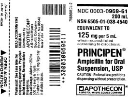 PERFORATION-
OPEN ALONG
A BRISTOL-MYERS SQUIDE COMPANY
Pharmacist: See base label for READ ACCOMPANYING
dispensing directions. Physician
leaflet enclosed. Remova Setore
dispensing.
Usual Desage: Adults-250 to
500 mg every 6 hours.
Children-50 to 100 mg/kg/day
in divided doses.
DAPOTHECON
ROYCZEY ON THE S
Fix-a-Form
++300030969611
CIRCULAR
Distributed by
APOTHECON
A Bristol-Myers
Squibb Company
Princeton, NJ 08540
Made in USA
798860ECL-2
dispensing without prescription.
CAUTION: Federal law prohibits
Suspension, USP
Ampicillin for Oral
PRINCIPEN
according to directions.
when reconstituted
125 mg per 5 mL
EQUIVALENT TO
NSN 6505-01-038-4540
NDC 0003-0969-61
200 mL
