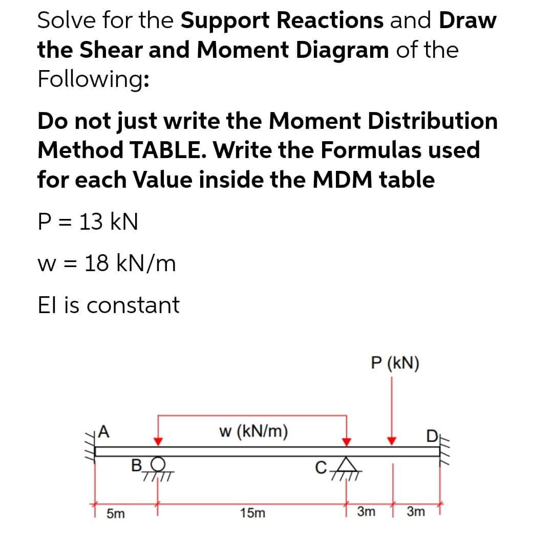 Solve for the Support Reactions and Draw
the Shear and Moment Diagram of the
Following:
Do not just write the Moment Distribution
Method TABLE. Write the Formulas used
for each Value inside the MDM table
P = 13 kN
w = 18 kN/m
%3D
El is constant
P (kN)
w (kN/m)
BO
5m
15m
3m
3m
