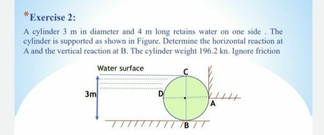 *Exercise 2:
A cylinder 3 m in diameter and 4 m long retains water on one side . The
cylinder is supported as shown in Figure. Determine the horizontal reaction at
A and the vertical reaction at B. The cylinder weight 196.2 kn. Ignore friction
Water surface
3m
D
В 77
