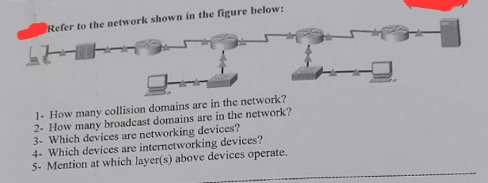 Refer to the network shown in the figure below:
1- How many collision domains are in the network?
2- How many broadcast domains are in the network?
3- Which devices are networking devices?
4- Which devices are internetworking devices?
5- Mention at which layer(s) above devices operate.
