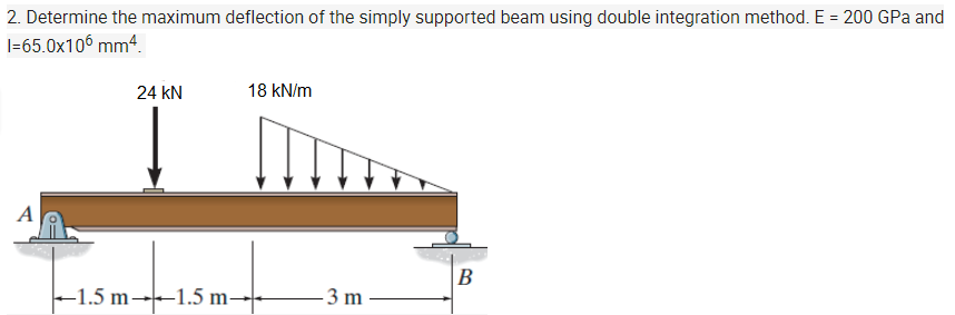 2. Determine the maximum deflection of the simply supported beam using double integration method. E = 200 GPa and
|-65.0x10° mm4.
24 kN
18 kN/m
A
В
-1.5 m--1.5 m–-
- 3 m
