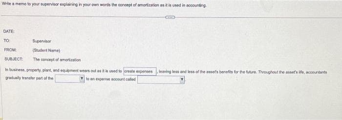 Write a memo to your supervisor explaining in your own words the concept of amortization as it is used in accounting.
DATE:
TO:
FROM:
SUBJECT:
Supervisor
(Student Name)
The concept of amortization
In business, property, plant, and equipment wears out as it is used to create expenses leaving less and less of the assef's benefits for the future. Throughout the asset's life, accountants
gradually transfer part of the
to an expense account called