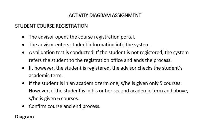 ACTIVITY DIAGRAM ASSIGNMENT
STUDENT COURSE REGISTRATION
• The advisor opens the course registration portal.
• The advisor enters student information into the system.
• A validation test is conducted. If the student is not registered, the system
refers the student to the registration office and ends the process.
• If, however, the student is registered, the advisor checks the student's
academic term.
• If the student is in an academic term one, s/he is given only 5 courses.
However, if the student is in his or her second academic term and above,
s/he is given 6 courses.
• Confirm course and end process.
Diagram

