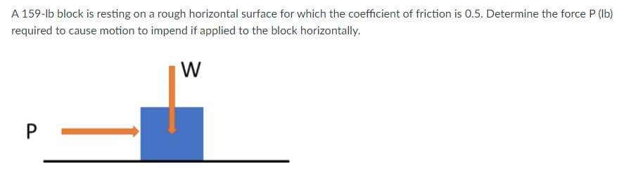 A 159-lb block is resting on a rough horizontal surface for which the coefficient of friction is 0.5. Determine the force P (Ib)
required to cause motion to impend if applied to the block horizontally.
W
