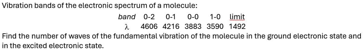 Vibration bands of the electronic spectrum of a molecule:
band 0-2 0-1 0-0 1-0 limit
4606 4216 3883 3590 1492
a
Find the number of waves of the fundamental vibration of the molecule in the ground electronic state and
in the excited electronic state.