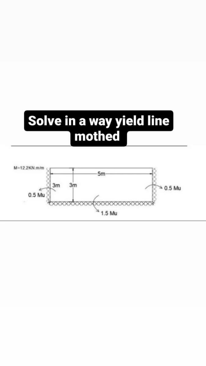 Solve in a way yield line
mothed
M=12.2KN.m/m
3m
3m
0.5 Mu
-5m-
1.5 Mu
0.5 Mu