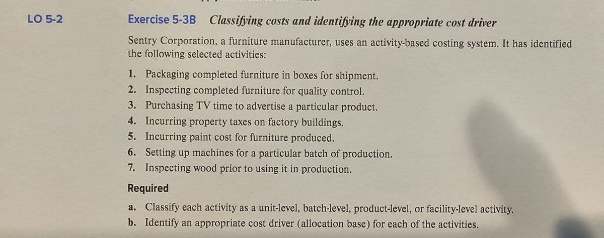 LO 5-2
Exercise 5-3B Classifying costs and identifying the appropriate cost driver
Sentry Corporation, a furniture manufacturer, uses an activity-based costing system. It has identified
the following selected activities:
1. Packaging completed furniture in boxes for shipment.
2. Inspecting completed furniture for quality control.
3. Purchasing TV time to advertise a particular product.
4. Incurring property taxes on factory buildings.
5. Incurring paint cost for furniture produced.
6. Setting up machines for a particular batch of production.
7. Inspecting wood prior to using it in production.
Required
a. Classify each activity as a unit-level, batch-level, product-level, or facility-level activity.
b. Identify an appropriate cost driver (allocation base) for each of the activities.