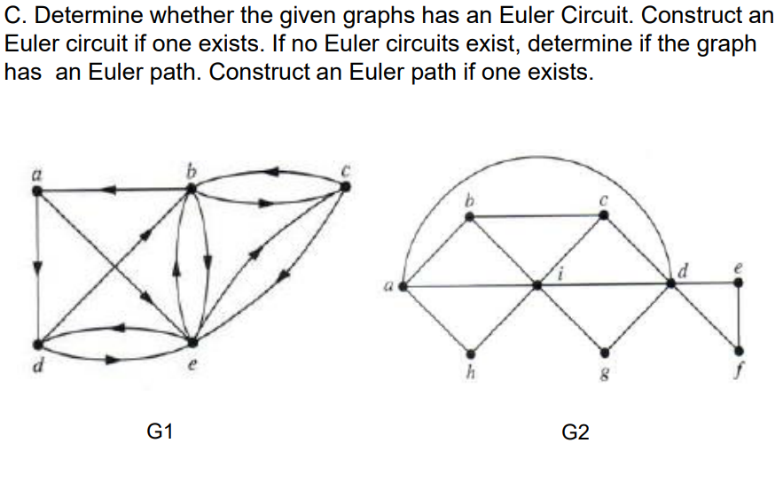 C. Determine whether the given graphs has an Euler Circuit. Construct an
Euler circuit if one exists. If no Euler circuits exist, determine if the graph
has an Euler path. Construct an Euler path if one exists.
a
h
G1
G2
