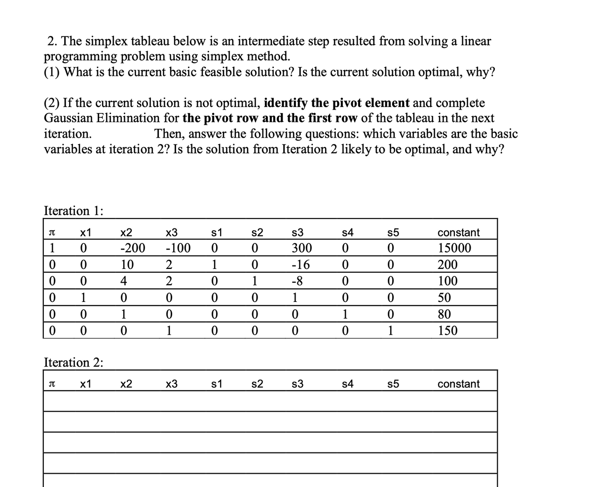 2. The simplex tableau below is an intermediate step resulted from solving a linear
programming problem using simplex method.
(1) What is the current basic feasible solution? Is the current solution optimal, why?
(2) If the current solution is not optimal, identify the pivot element and complete
Gaussian Elimination for the pivot row and the first row of the tableau in the next
iteration.
Then, answer the following questions: which variables are the basic
variables at iteration 2? Is the solution from Iteration 2 likely to be optimal, and why?
Iteration 1:
Π
x1
x2
x3
s1
s2
s3
s4
s5
constant
1
0
-200
-100
0
0
300
0
0
15000
0
0
10
2
1
0
-16
0
0
200
0
0
4
2
0
1
-8
0
0
100
0
1
0
0
0
0
1
0
0
50
0
0
1
0
0
0
0
1
0
80
0
0
0
1
0
0
0
0
1
150
Iteration 2:
Π
x1
x2
x3
s1
s2
s3
s4
$5
constant