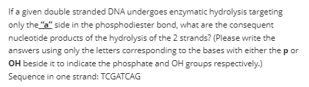 If a given double stranded DNA undergoes enzymatic hydrolysis targeting
only the "a" side in the phosphodiester bond, what are the consequent
nucleotide products of the hydrolysis of the 2 strands? (Please write the
answers using only the letters corresponding to the bases with either the p or
OH beside it to indicate the phosphate and OH groups respectively.)
Sequence in one strand: TCGATCAG
