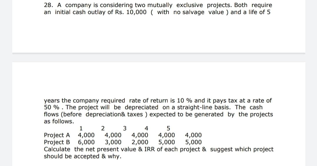 28. A company is considering two mutually exclusive projects. Both require
an initial cash outlay of Rs. 10,000 ( with no salvage value ) and a life of 5
years the company required rate of return is 10 % and it pays tax at a rate of
50 % . The project will be depreciated on a straight-line basis. The cash
flows (before depreciation& taxes ) expected to be generated by the projects
as follows.
1
2 3
oject A
Project B
Calculate the net present value & IRR of each project & suggest which project
should be accepted & why.
4,000
6,000
4,000
3,000
4,000
2,000
4,000
5,000
4,000
5,000
