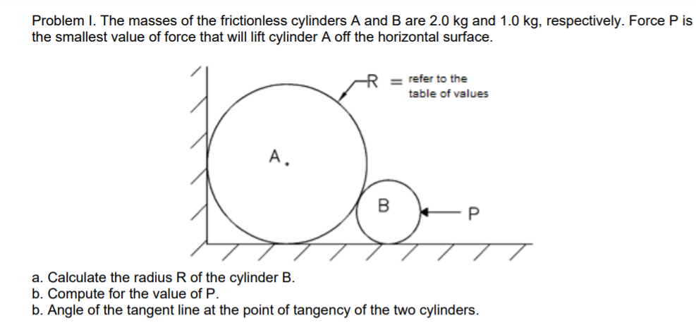 Problem I. The masses of the frictionless cylinders A and B are 2.0 kg and 1.0 kg, respectively. Force P is
the smallest value of force that will lift cylinder A off the horizontal surface.
= refer to the
table of values
A.
a. Calculate the radius R of the cylinder B.
b. Compute for the value of P.
b. Angle of the tangent line at the point of tangency of the two cylinders.
