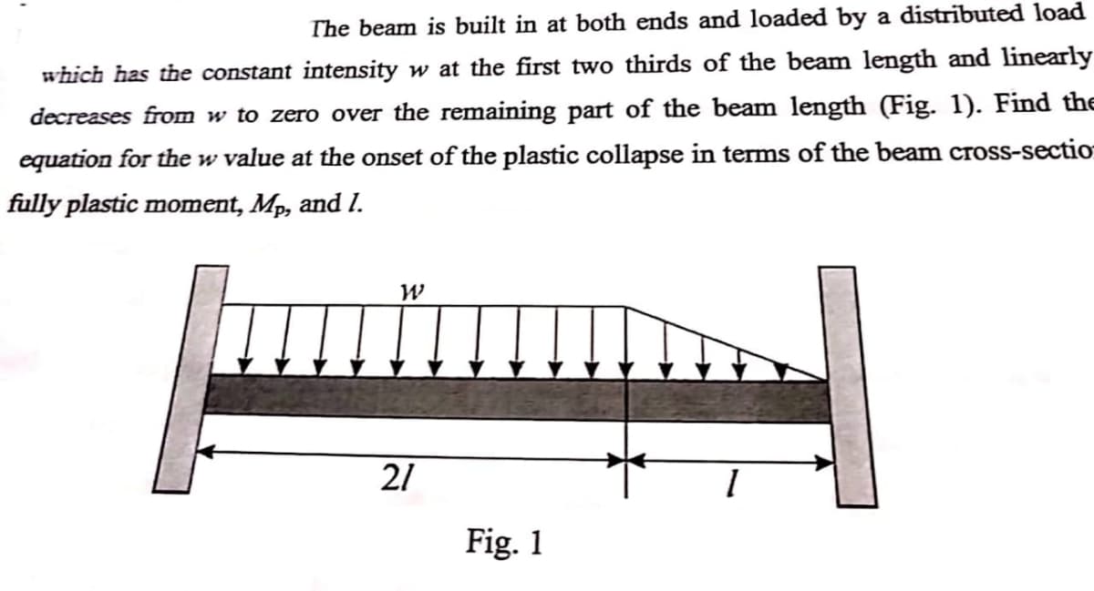 The beam is built in at both ends and loaded by a distributed load
which has the constant intensity w at the first two thirds of the beam length and linearly
decreases from w to zero over the remaining part of the beam length (Fig. 1). Find the
equation for the w value at the onset of the plastic collapse in terms of the beam cross-sectio
fully plastic moment, Mp, and I.
W
2/
Fig. 1