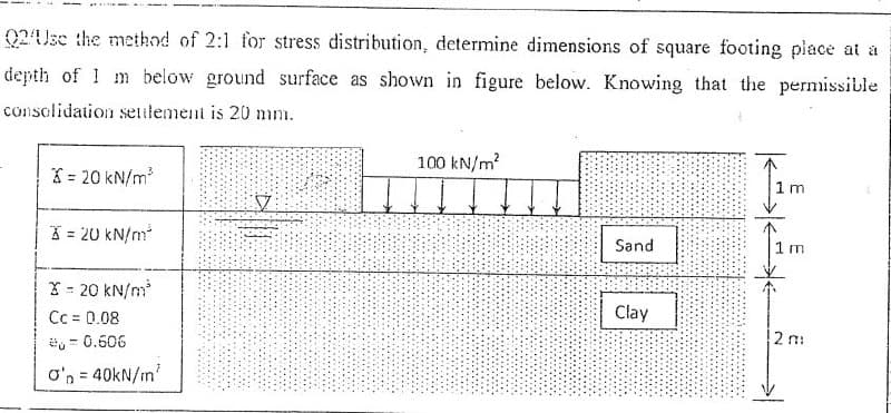 02Use the meihod of 2:1 for stress distribution, determine dimensions of square footing place at à
depth of 1 m below ground surface as shown in figure below. Knowing that the permissible
consolidation sentement is 20 mm.
100 kN/m?
* = 20 kN/m
1m
% = 20 kN/m
Sand
1 m
X = 20 kN/m
Cc = 0.08
Clay
= 0.506
%3D
o'n = 40kN/m?
