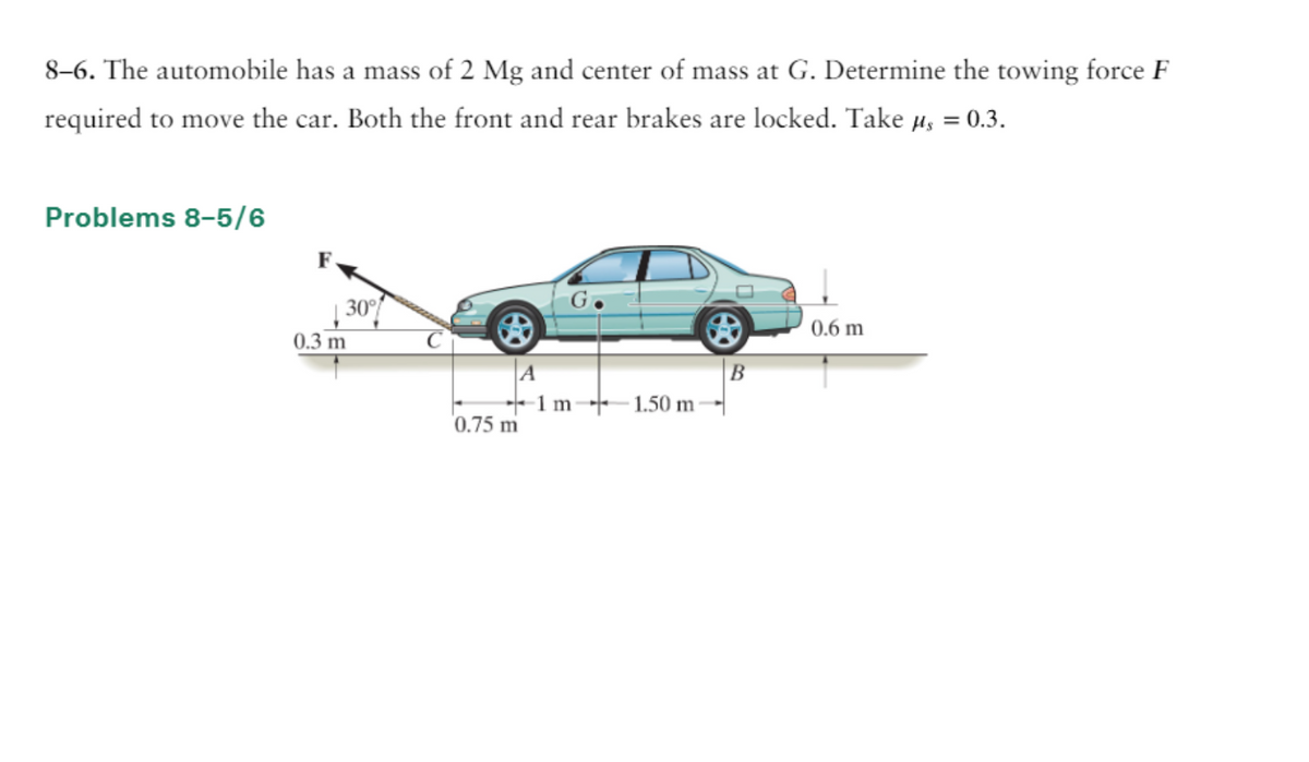 8-6. The automobile has a mass of 2 Mg and center of mass at G. Determine the towing force F
required to move the car. Both the front and rear brakes are locked. Take μ = 0.3.
Problems 8-5/6
F
30%
0.3 m
B
0.75 m
1m-
1.50 m
B
0.6 m