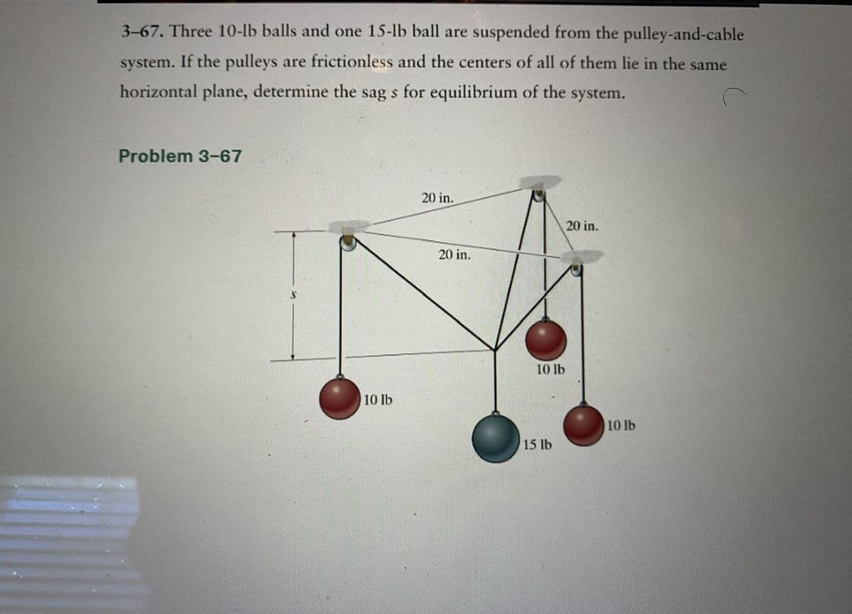 3-67. Three 10-lb balls and one 15-lb ball are suspended from the pulley-and-cable
system. If the pulleys are frictionless and the centers of all of them lie in the same
horizontal plane, determine the sag s for equilibrium of the system.
Problem 3-67
10 lb
20 in.
20 in.
10 lb
15 lb
20 in.
10 lb