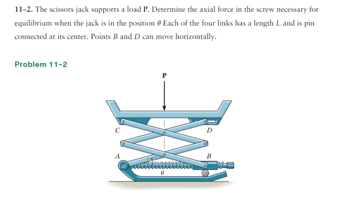 11–2. The scissors jack supports a load P. Determine the axial force in the screw necessary for
equilibrium when the jack is in the position @ Each of the four links has a length L and is pin
connected at its center. Points B and D can move horizontally.
Problem 11-2
C
OTAMMENT
