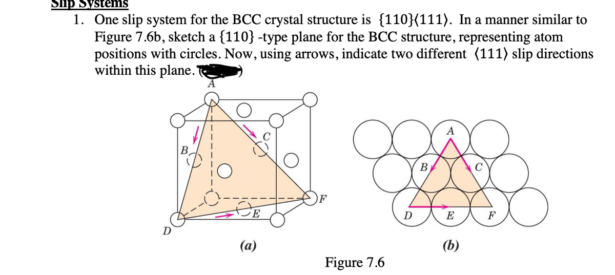 Slip Systems
1. One slip system for the BCC crystal structure is {110}(111). In a manner similar to
Figure 7.6b, sketch a {110} -type plane for the BCC structure, representing atom
positions with circles. Now, using arrows, indicate two different (111) slip directions
within this plane.
E
D
(a)
Figure 7.6
B
A
D
E
F
(b)
